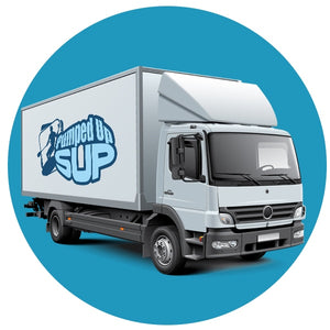 Truck with Pumped Up SUP logo to visualize free shipping