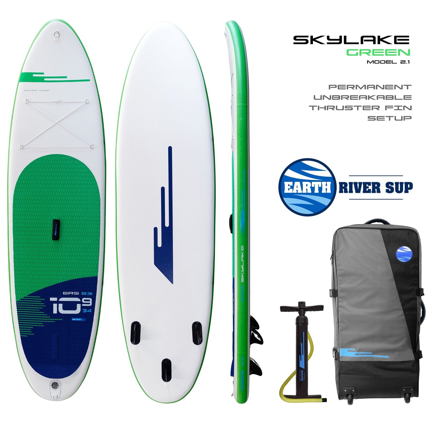 Earth River SUP SKYLAKE 10-9 S3 GREEN Inflatable Paddle Board (10'9"x34"x5" Permanent Fin Version)