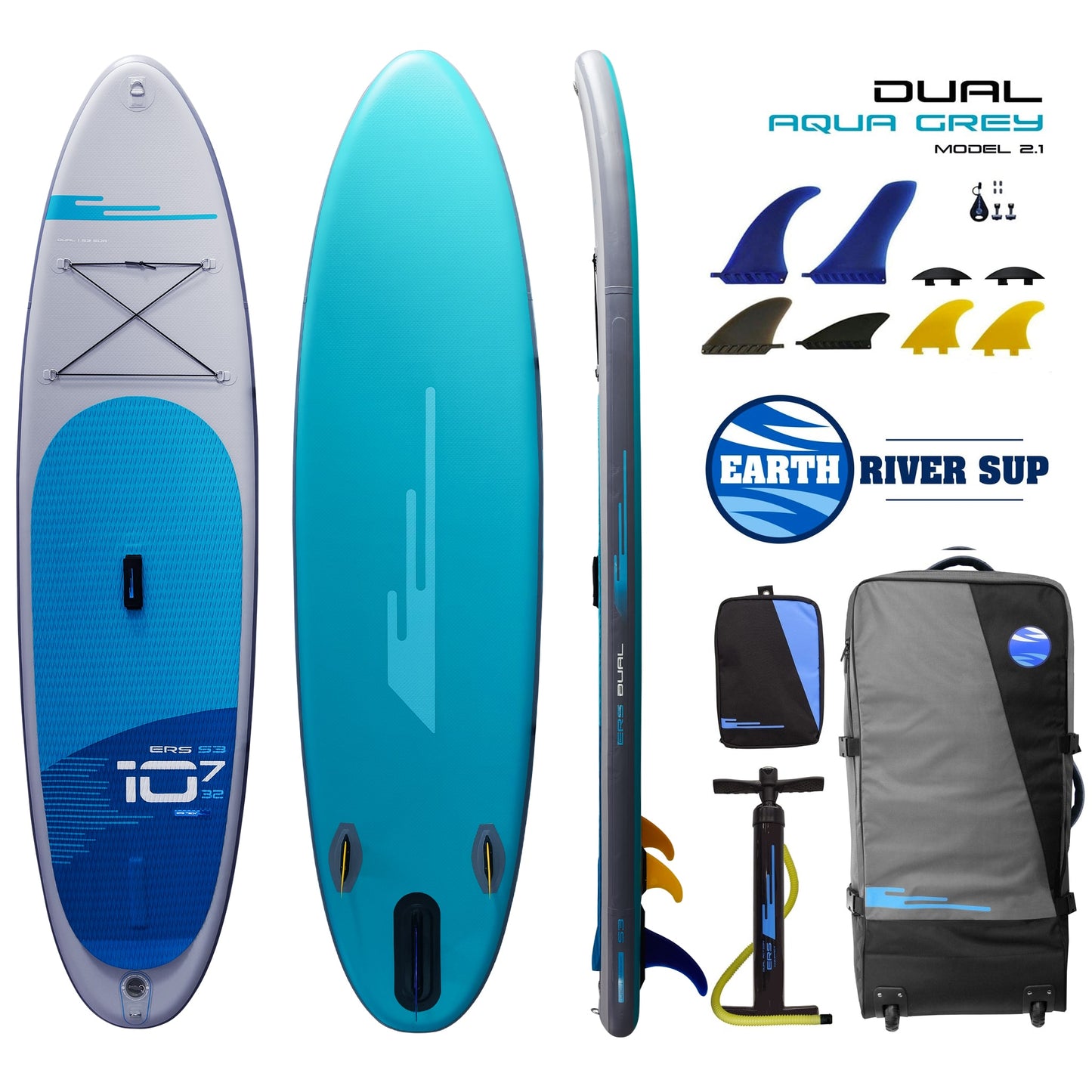 Earth River SUP DUAL 10-7 S3 (MODEL 2.1) AQUA GREY Inflatable Paddle Board (10'7"x32"x5")