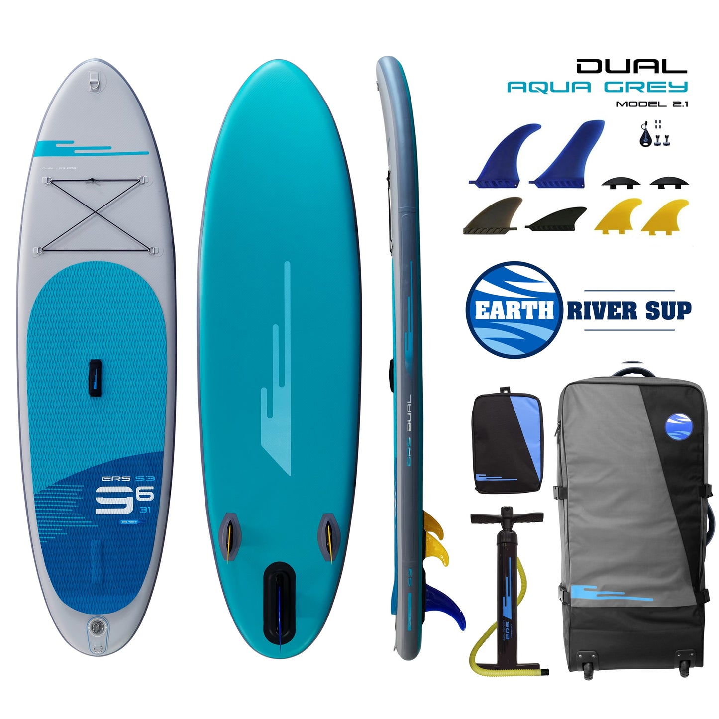 Earth River SUP DUAL 9-6 S3 (Model 2.1) AQUA GREY Inflatable Paddle Board (9'6"x31"x5")
